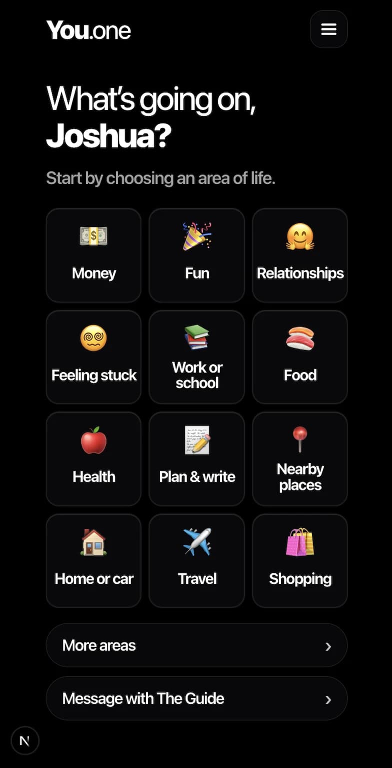 You.one home screen showing area-of-life choices and a message option for Ava.